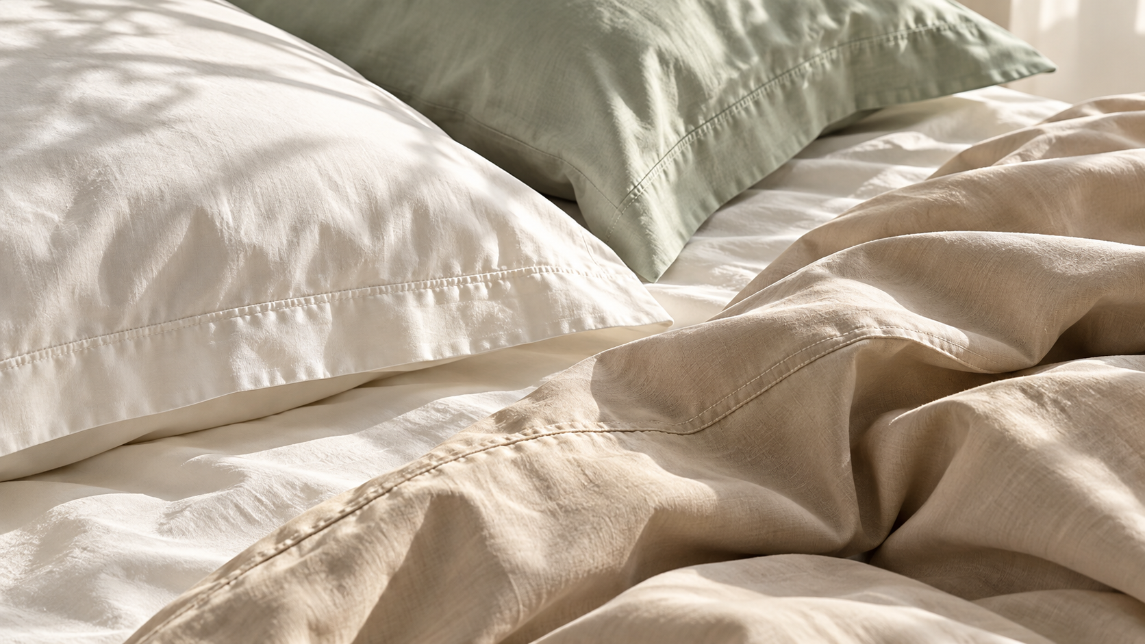 Dettaglio ravvicinato di tessuti da letto neutri