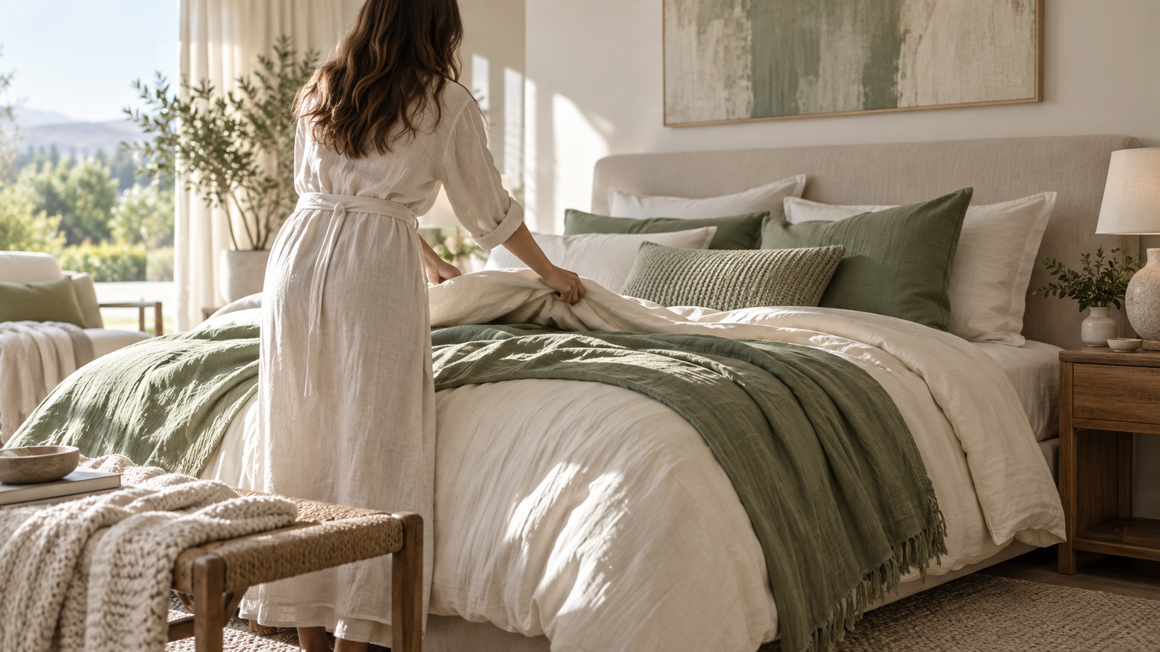Persona che sistema una biancheria da letto neutra